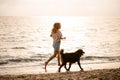beautiful view on woman running along sandy beach at water with her dog Royalty Free Stock Photo
