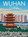 Beautiful View , The Yellow Crane Tower Yangtze River And City Skyline  In Wuhan China  Illustration Travel Poster With