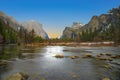 Beautiful view in Yosemite valley with half dome and el capitan from Merced river Royalty Free Stock Photo