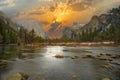 Beautiful view in Yosemite valley with half dome and el capitan from Merced river