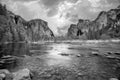 beautiful view in Yosemite valley with half dome and el capitan from Merced river