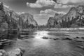 beautiful view in Yosemite valley with half dome and el capitan from Merced river