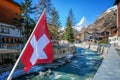 Beautiful View of Zermatt village and Matterhorn, with Swiss flag, Switzerland Royalty Free Stock Photo