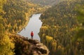 Beautiful Viewpoint on Usva River in Ural Mountains. Woman Standing on the Rock and Looking at the Usva River Russia