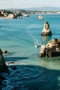 Beautiful views of the Atlantic Ocean. The boat sails among the sea rocks.