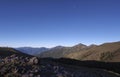 Beautiful views with highly mountains, clean blue sky, and rocks on the trail. Good for use as background Royalty Free Stock Photo