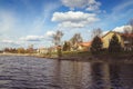 Beautiful views of the lake, the houses, Birch and forest. Finnish landscape. Lakes and valleys. Summer view of Karelia.