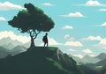 Beautiful Views, a Silhouetted Hiker, and a Blue Sky in an Illustration of a Mountain Scenery