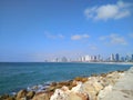 Beautiful views of the stones of the Mediterranean Sea and Tel Aviv in summer in Israel.