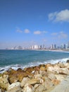 Beautiful views of the stones of the Mediterranean Sea and Tel Aviv in summer in Israel.