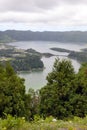 Beautiful views of the twin lake of Seti Sidadish, Lagoa das Sete Cidades in cloudy weather. Panorama. Royalty Free Stock Photo