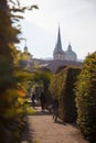 Beautiful views of the Wallenstein Gardens Park. View of Prague Castle and St. Vitus Cathedral. Royalty Free Stock Photo