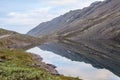 Beautiful views from the way through the Khibiny Mountains, calm lakes and tundra. Kolsky peninsula, northern Russia