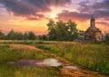 Beautiful village landscape summer old church road