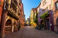 Beautiful village Riquewihr with historic buildings and colorful houses in Alsace of France - Famous vine route Royalty Free Stock Photo