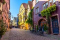 Beautiful village Riquewihr with historic buildings and colorful houses in Alsace of France - Famous vine route