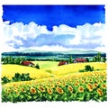 Beautiful village rural landscape, sunflower field, meadows, country houses, blue sky, clouds, watercolor illustration Royalty Free Stock Photo