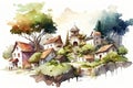 Beautiful village, watercolor paint, illustration generated AI