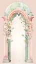 Beautiful vintage arch with flowers on pink background. Watercolor illustration