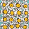 Beautiful vintage background with white sketch daisies seamless pattern on light blue background. Vector Royalty Free Stock Photo