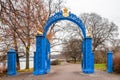 Beautiful vintage blue steel iron gate entrance to the public park Djurgarden in Stockholm Sweden. Royalty Free Stock Photo