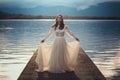 Beautiful vintage bride on a lake pier Royalty Free Stock Photo