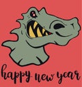 Beautiful vintage cartoon illustration for happy new year card of cut grey crocodile in red background.cdr