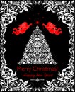 Beautiful vintage Christmas black and white card with cut out floral xmas tree, angels and decorative border Royalty Free Stock Photo