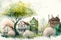 Beautiful vintage city with classic houses, spring time with green trees. Generative Ai