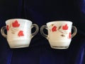 Beautiful Vintage Clear Crystal Glass Sugar Bowl and Creamer with Red and Gold Cold Paint and White Painted Inside