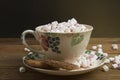 Beautiful vintage cup of homemade hot chocolate or cocoa with marshmallows, wooden table and black background. Warm Royalty Free Stock Photo