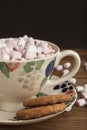 Beautiful vintage cup of homemade hot chocolate or cocoa with marshmallows, wooden table and black background. Warm sweet drink. C Royalty Free Stock Photo