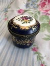 Beautiful Vintage Floral Miniature Porcelain Trinket Box with Brass Clasp and Gold Trim