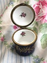 Beautiful Vintage Floral Miniature Porcelain Trinket Box with Brass Clasp and Gold Trim