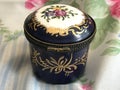 Beautiful Vintage Floral Miniature Porcelain Trinket Box with Brass Clasp and Gold Trim