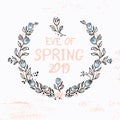 Beautiful vintage frame of branches in leaves and spring flowers. Eve of Spring 2019. Royalty Free Stock Photo