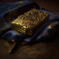 Beautiful vintage golden snuffbox on blue velvet Royalty Free Stock Photo