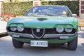 A beautiful vintage green car model Alfa Romeo Montreal manufactured by Italian Alfa Romeo