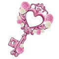 Beautiful vintage key in the shape of a pink heart decorated with patterns and flowers isolated on white background Royalty Free Stock Photo