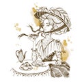 Beautiful vintage lady. Tea party. Girl in a hat drinking tea. Engraving. Graphics. Brown. Vector