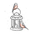 Beautiful vintage lantern with a candle and birds. Lovely bullfinches. Vector illustration. Festive postcard. Royalty Free Stock Photo