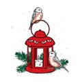 Beautiful vintage lantern with a candle and birds. Lovely bullfinches. Vector illustration. Festive postcard. Royalty Free Stock Photo