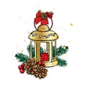Beautiful vintage lantern with a candle. Vector illustration. Festive postcard. New Year`s and Christmas. A bow and a bump. Royalty Free Stock Photo