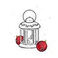 Beautiful vintage lantern with a candle. Vector illustration. Festive postcard. New Year`s and Christmas. A bow and a bump. Royalty Free Stock Photo