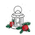 Beautiful vintage lantern with a candle. Vector illustration. Festive postcard. New Year`s and Christmas. A bow and a bump. Royalty Free Stock Photo