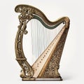 Beautiful vintage patterned harp, retro musical instrument,