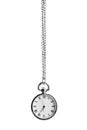 Beautiful vintage pocket watch with silver chain on white. Hypnosis session Royalty Free Stock Photo