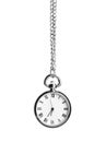 Beautiful vintage pocket watch with silver chain isolated on white. Hypnosis session Royalty Free Stock Photo