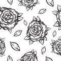 Beautiful vintage seamless pattern with gothic roses in linear style. Black and white retro illustration. Bohemian, tattoo art. Royalty Free Stock Photo