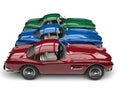 Beautiful vintage sports cars in metallic red, green and blue - top down side view Royalty Free Stock Photo